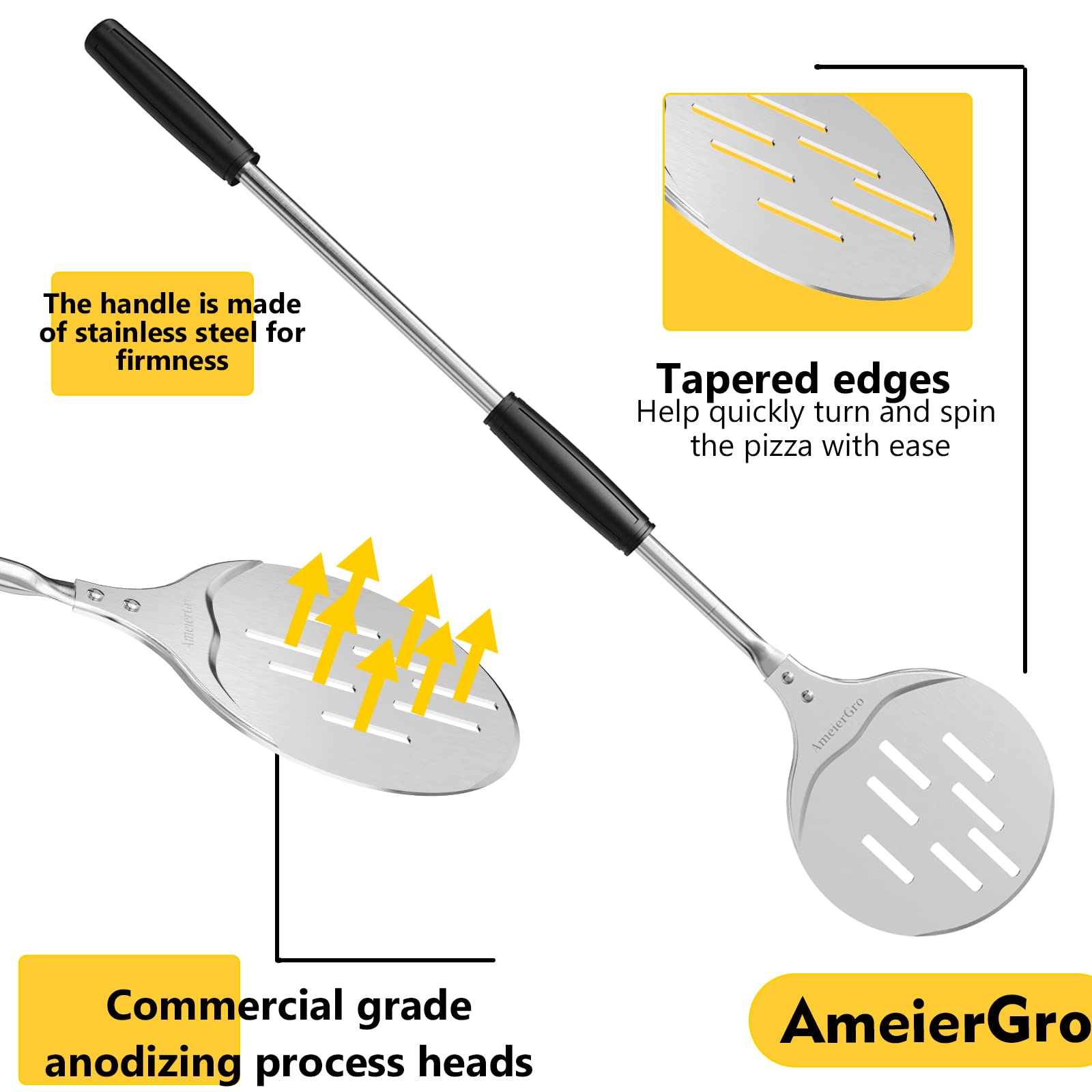 Ameiergro Pizza Turning Peel, Perforated Pizza Peel Turner, Adjustable Long Handle Pizza Spatula, Pizza Paddle Harden Anodizing,