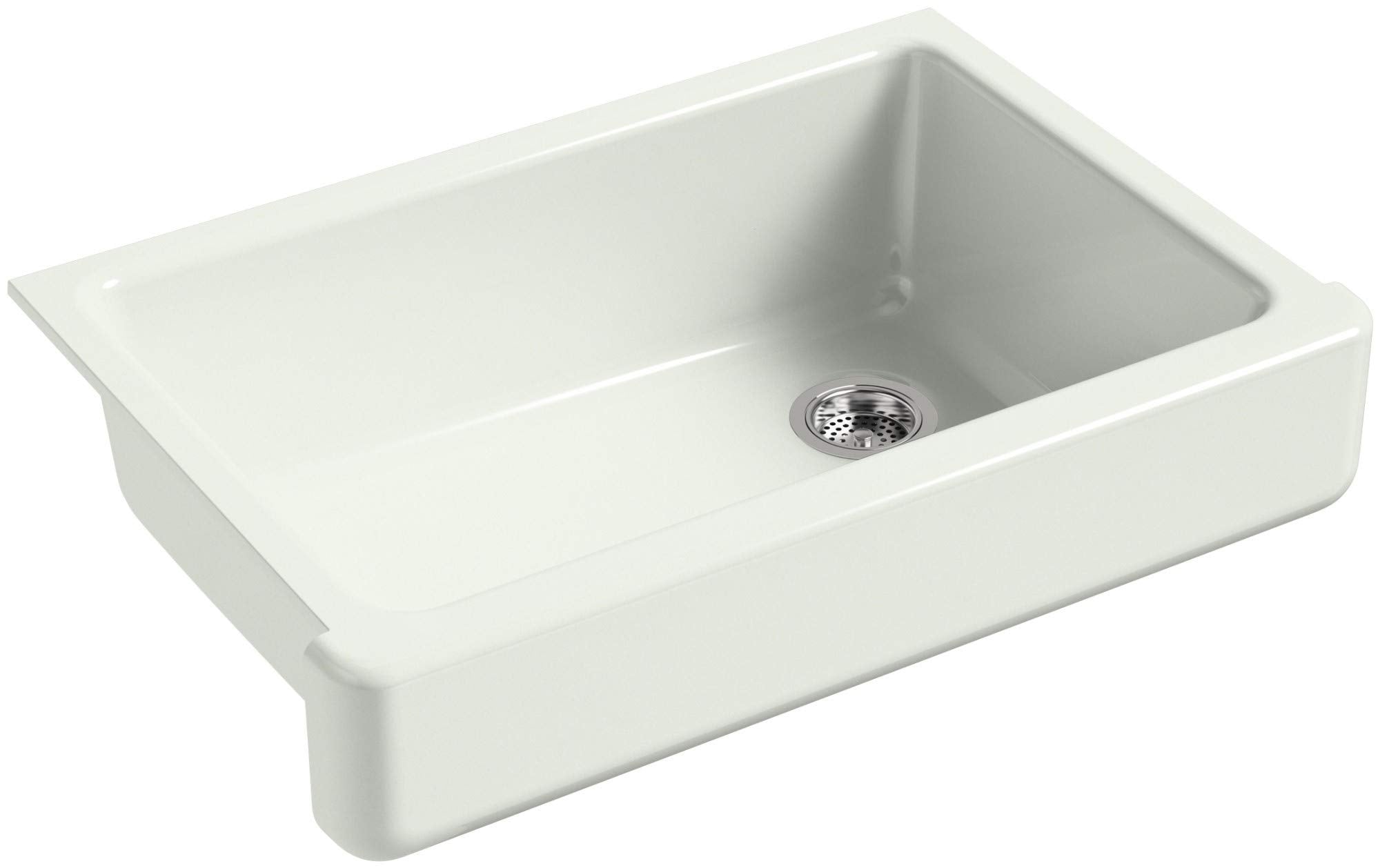KOHLER Whitehaven Farmhouse Self-Trimming Apron Front Cast Iron Sink, Single Bowl with Short Apron, 33 Inch, Sea Salt