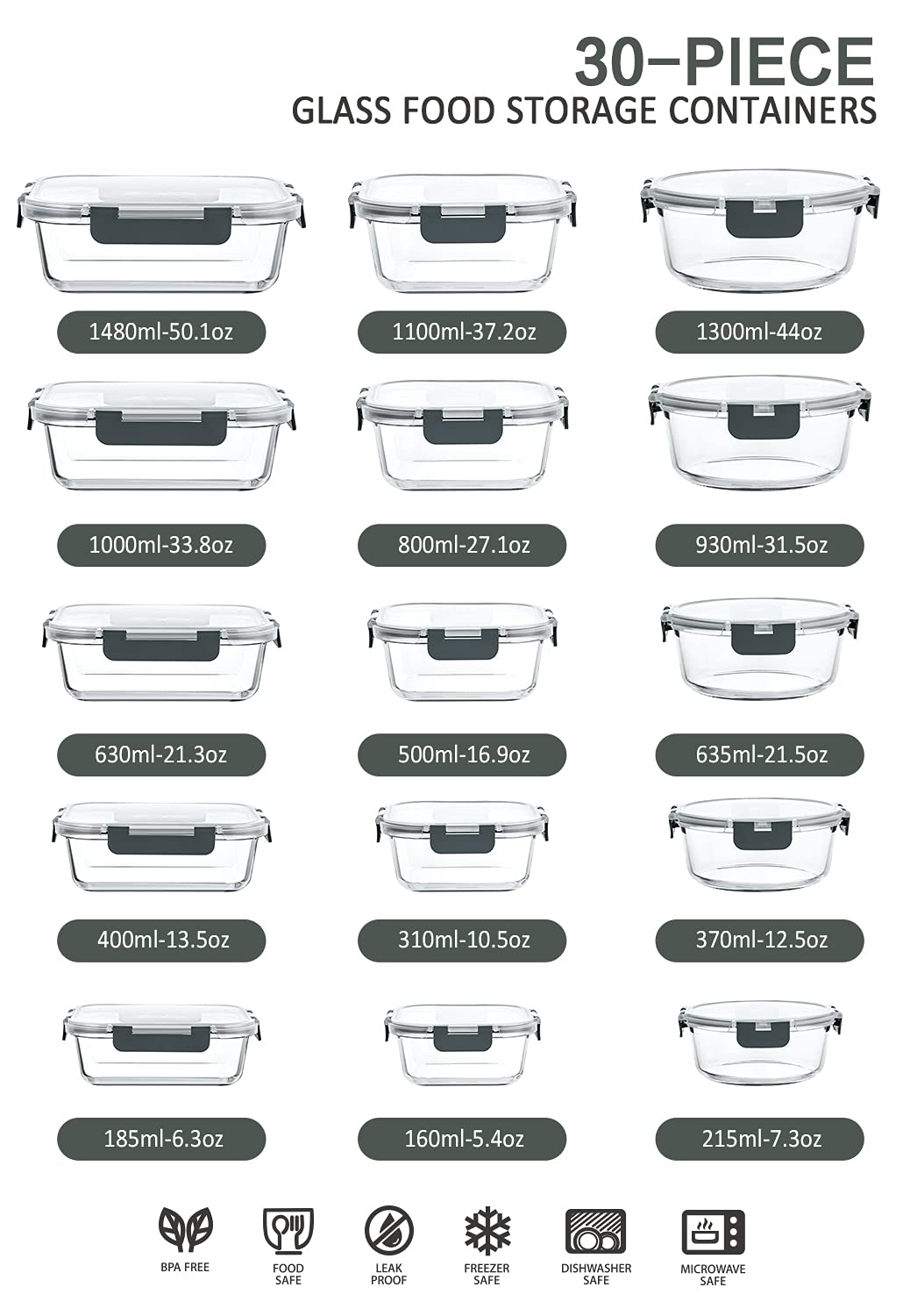 M MCIRCO 30 Pieces Glass Food Storage Containers with Upgraded Snap Locking Lids - Airtight Containers  Microwave  Oven  Freezer and Dishwasher Friendly Meal Prep/Lunch Containers Set
