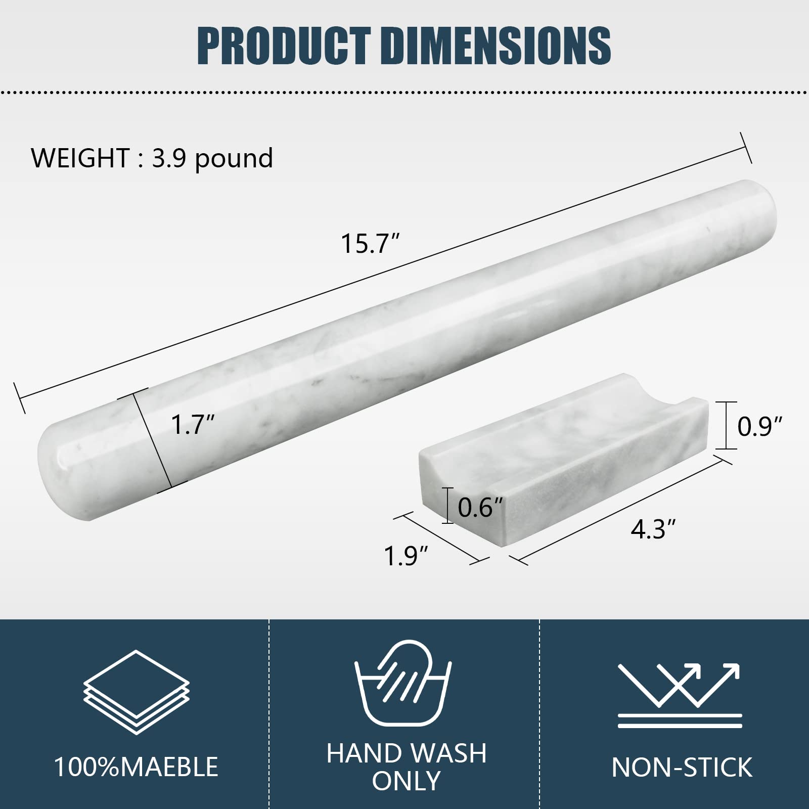 Heshibi Marble Rolling Pin With Stand, 15.7'' White Stone French Heavy Polished Non Stick Cookie Pizza Pastry Dough Baker Roller
