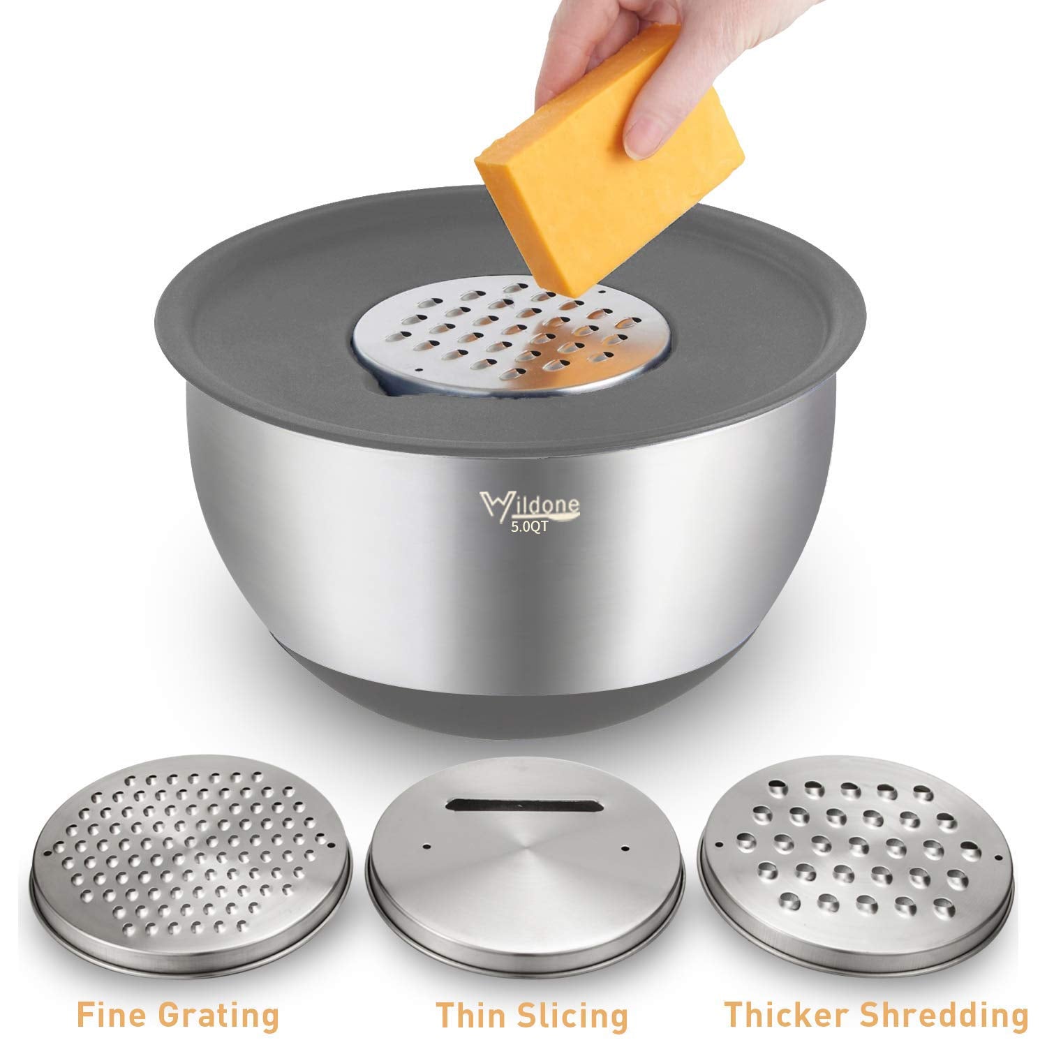 Wildone Mixing Bowls With Lids Set, 5Pcs Stainless Steel Grey Nesting Bowls With 3 Grater Attachments, Measurement Marks & Non-S