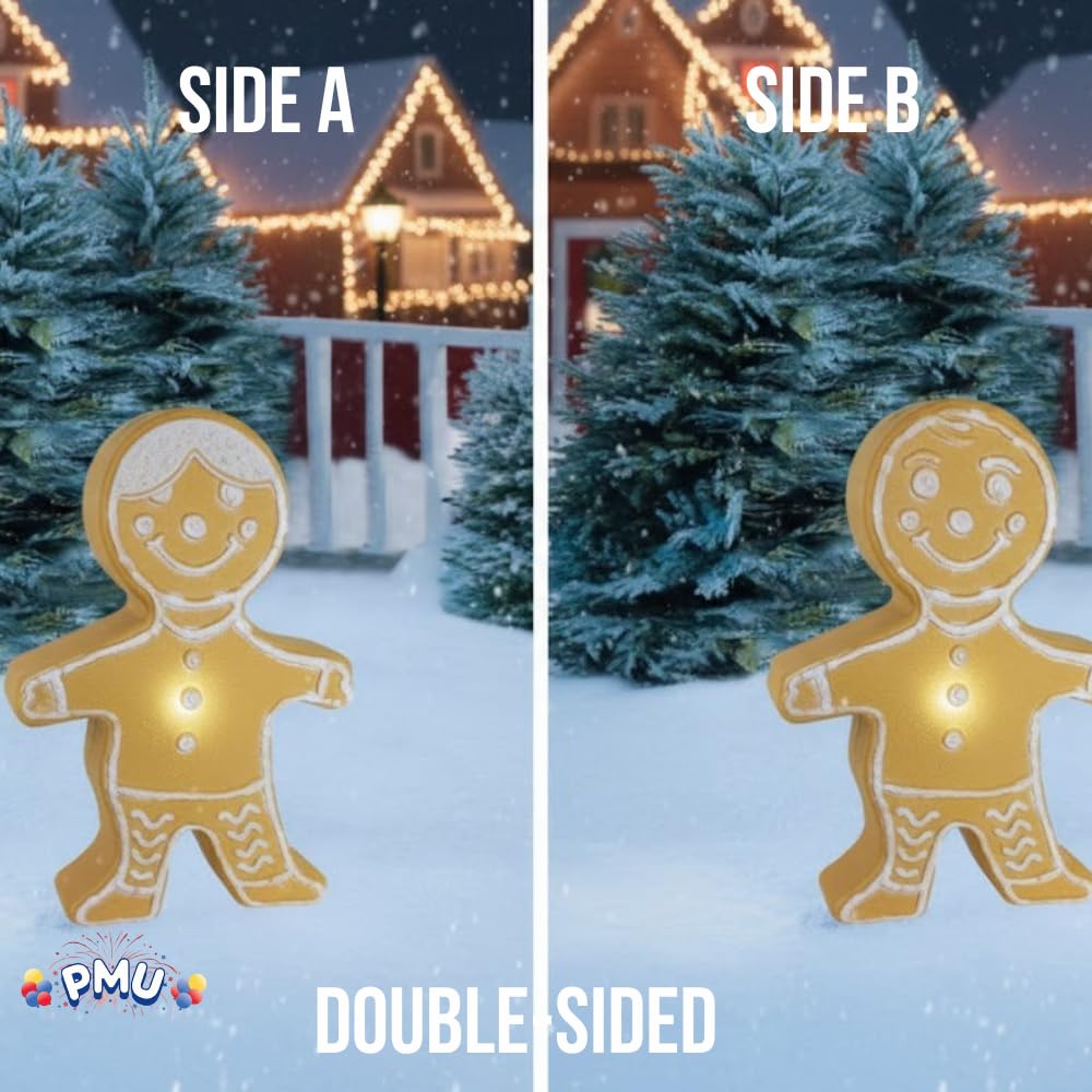 PMU Christmas Light-Up Gingerbread Figure - Double Sided Blow Mold Plastic Statue with 6 Cord and Light - Perfect D  cor for Ho
