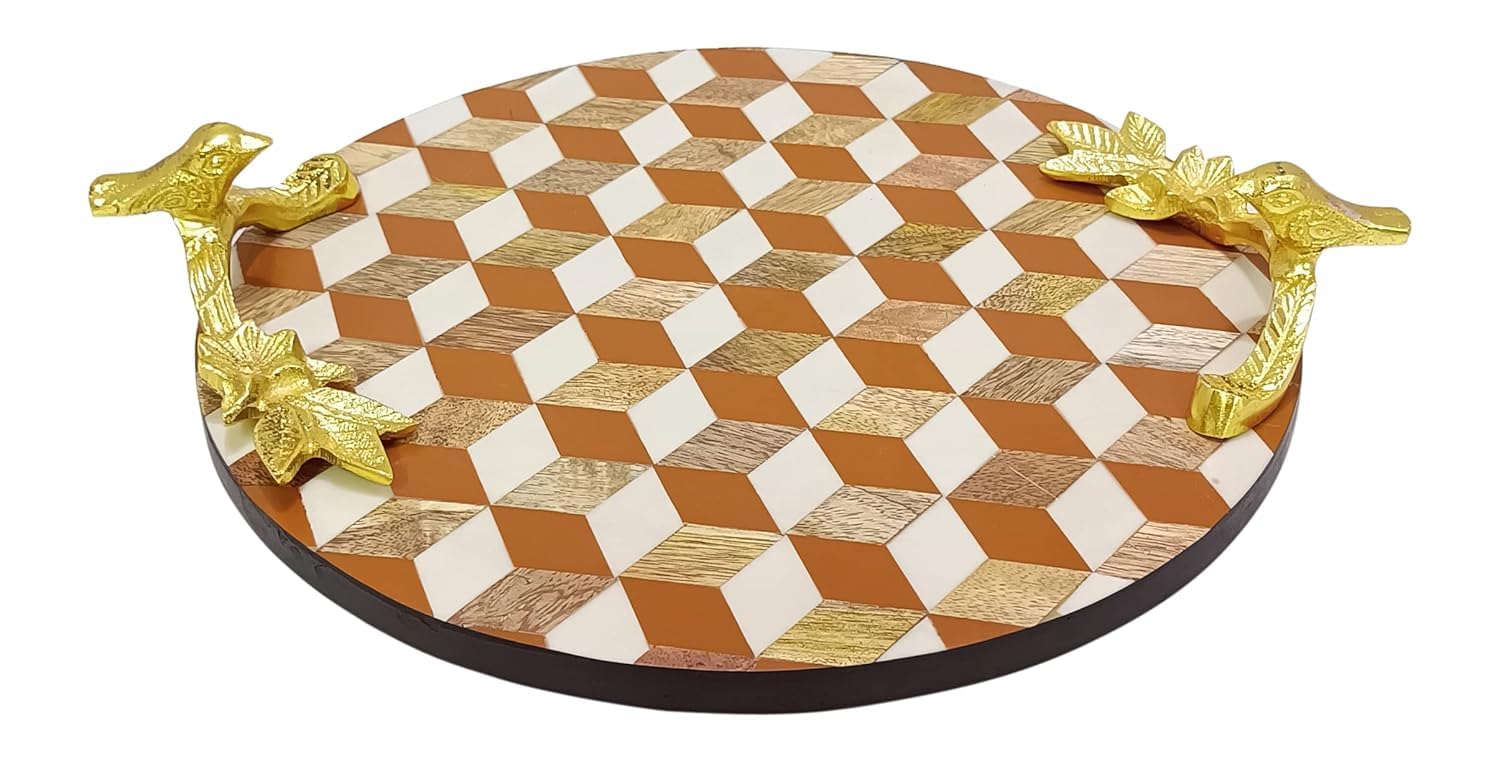 Extreme Karigari Wooden Circular Round Tray Patch Work Solid Wood With Metal Rose Gold Handle | Serving Tray| Home Decor | House