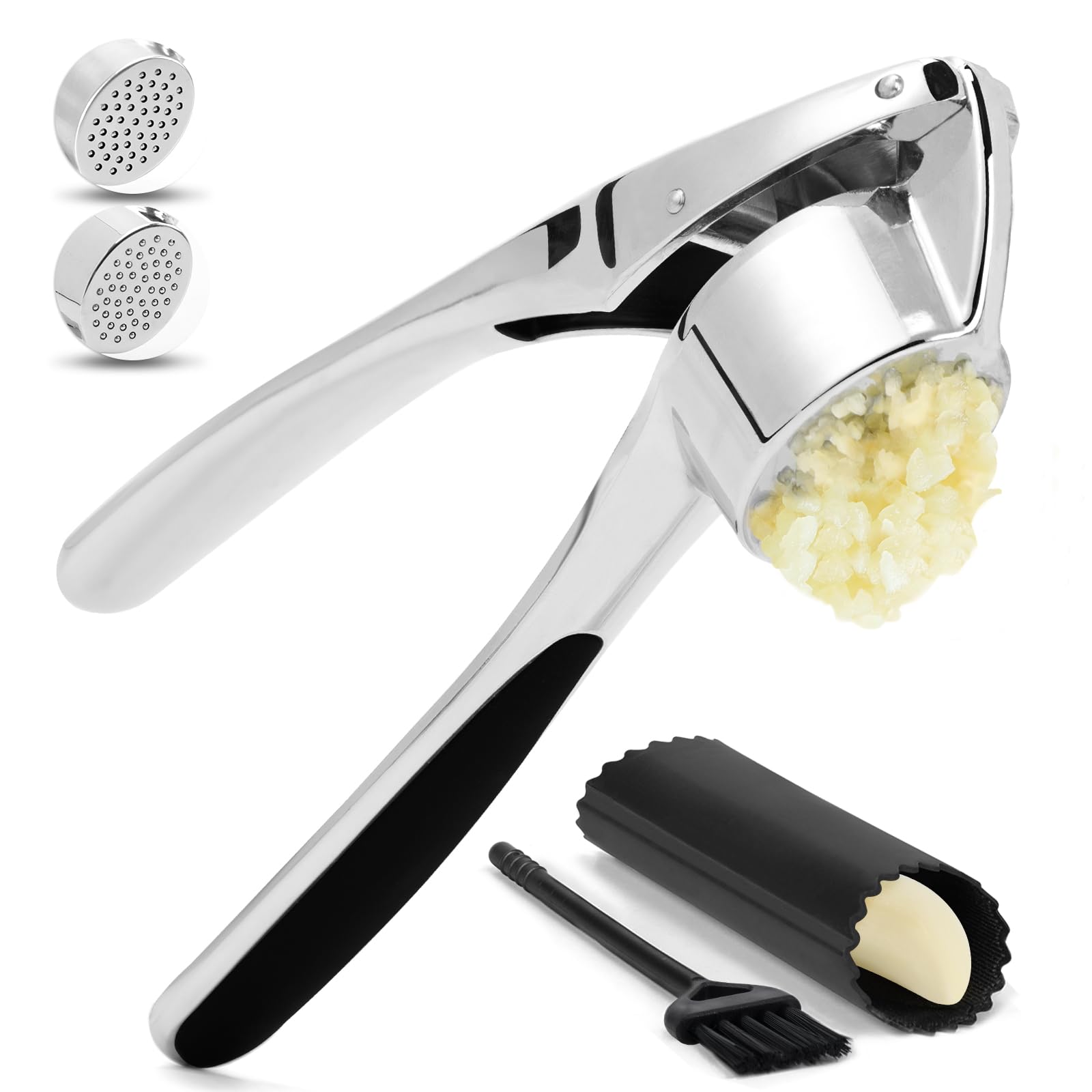 Cunsenr Garlic Press With Silicone Peeler & Brush - Garlic Mincer Tool - Easy To Use & Clean - Garlic Crusher - Rustproof Garlic