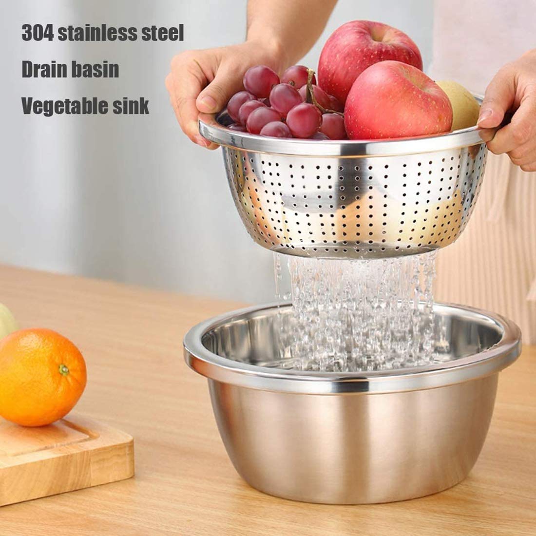 Linkidea 11'' 304 Stainless Steel Colander With Bowl Set Of 2, Kitchen Strainer, Washer, Drainer Basket With Basin For Vegetable