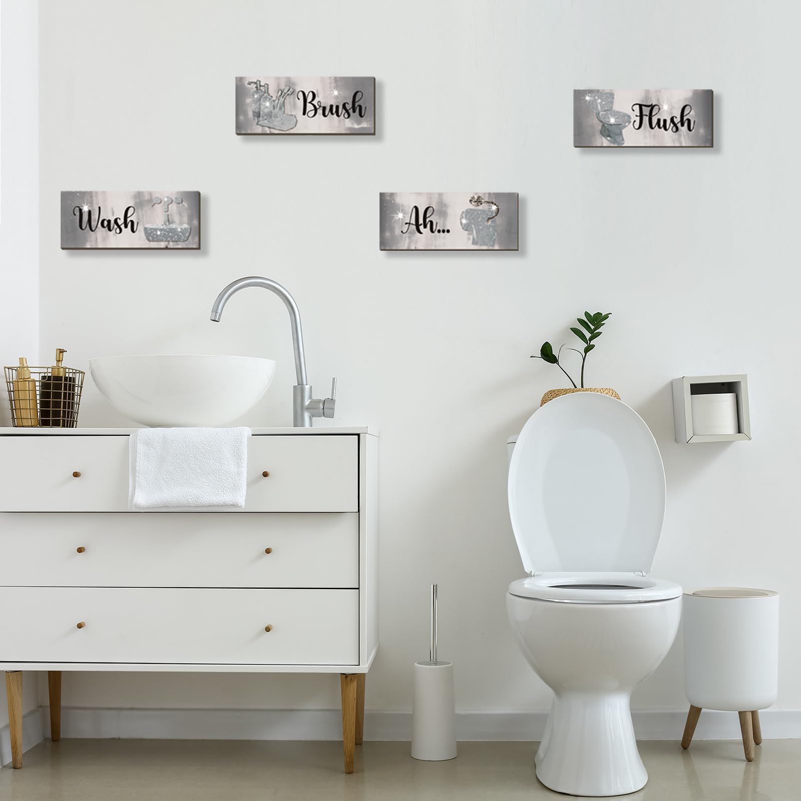 FENCORDAR 4 Pcs Silver Bathroom Decor Abstract Grey Black White Wall Decor Wooden Silver Bathroom Accessories Modern Funny Glitt