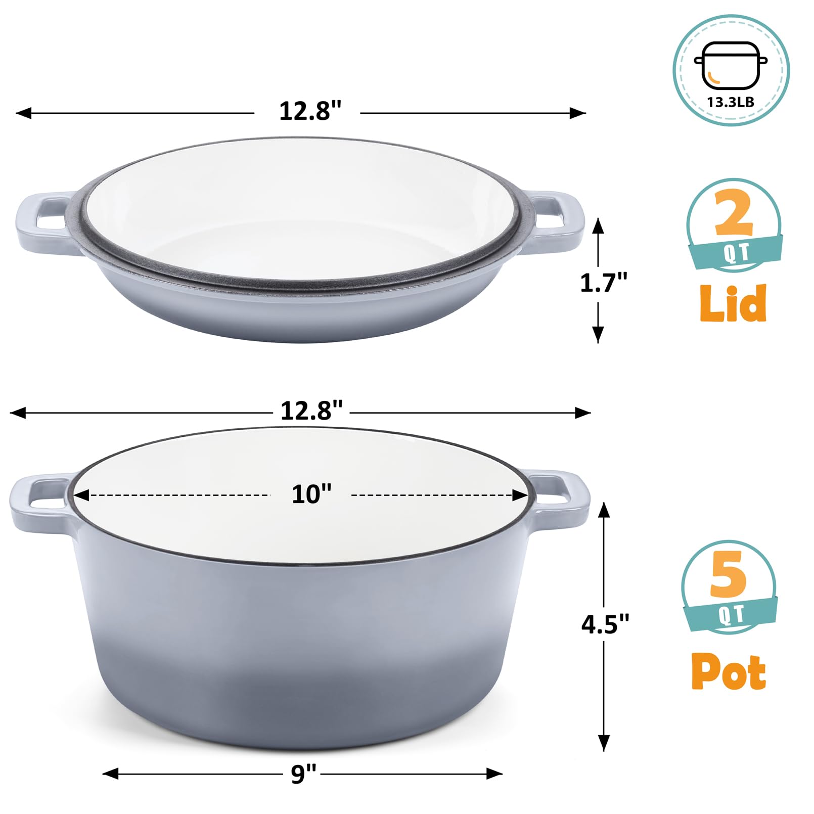 Teamfar 5 Quart Enameled Cast Iron Dutch Oven, 2-In-1 Dutch Oven Pot Cookware With Skillet Lid For Bread Baking Braising Stewing