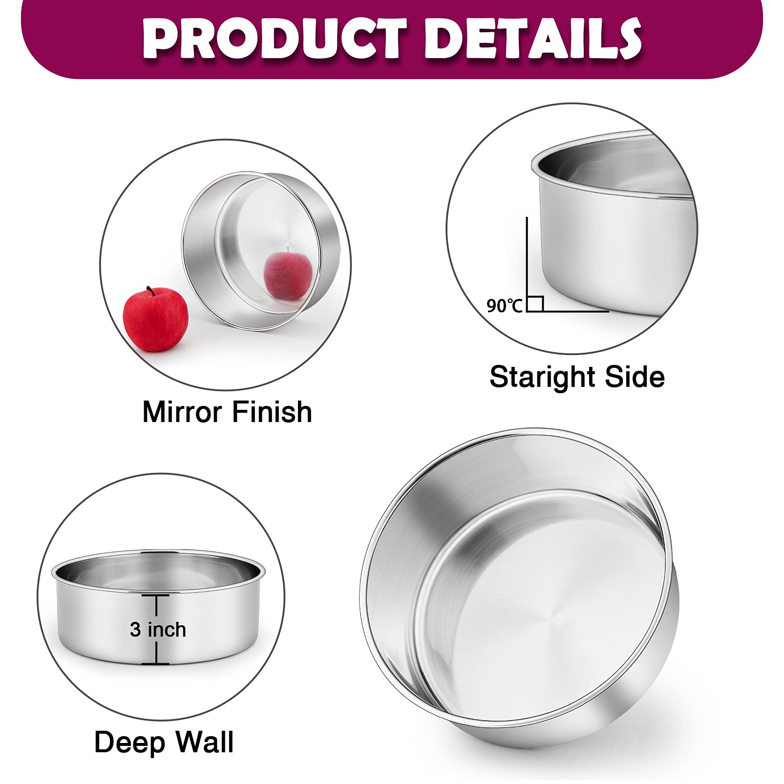 8 X 3 Inch Cake Pan Set Of 4, P&P Chef Stainless Steel Round Baking Pans Birthday Wedding Metal Cake Pan, Non Toxic & Heavy Duty