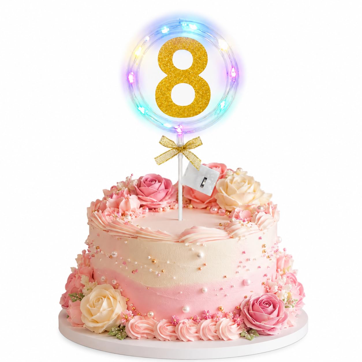 Wanna Party Number 8 Led Cake Topper, Transparent Round Design With Gold Glitter Number, BuiltIn Light String & Bow, 8Th Birthd