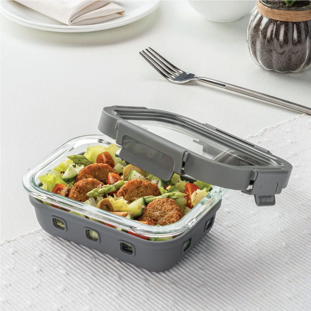 Borosil KlipNStore Plus 370 Ml Glass Food Storage Container For Food Storage, With AirTight Glass Lid & Silicone Sleeve, Rect