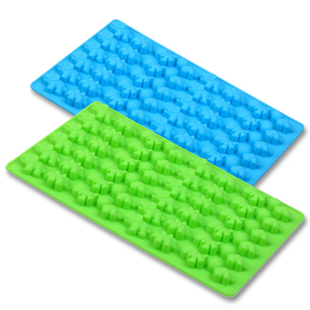Homedge Silicone Mini Dinosaur Candy Molds, Set Of 4 Packs Non Stick Chocolate Gummy Mold Bonus With 2 Dropper-Blue, Red, Green