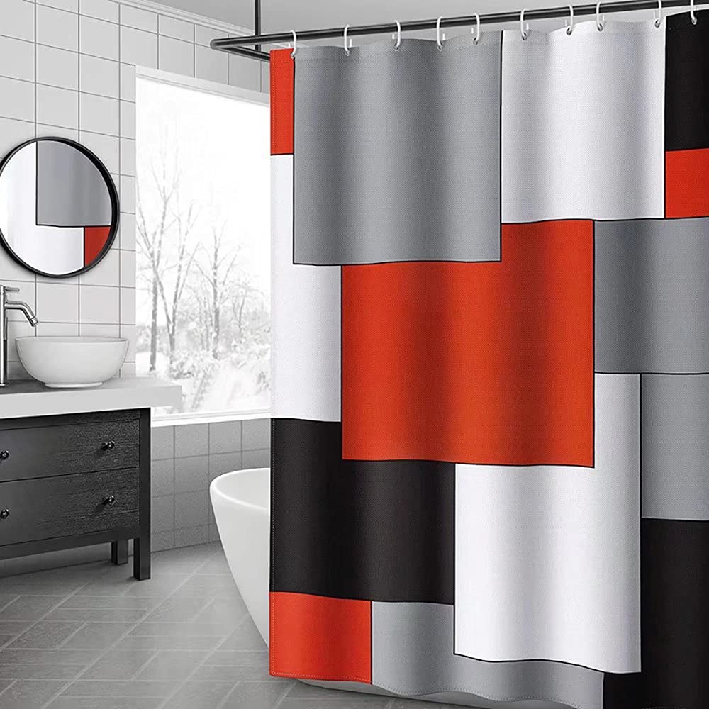 Yizheer Geometric Red Shower Curtain Sets with Non-Slip Rugs Toilet Lid Cover and Bath Mat  Black and Gray Bathroom Decor Set Accessories Waterproof Shower Curtains