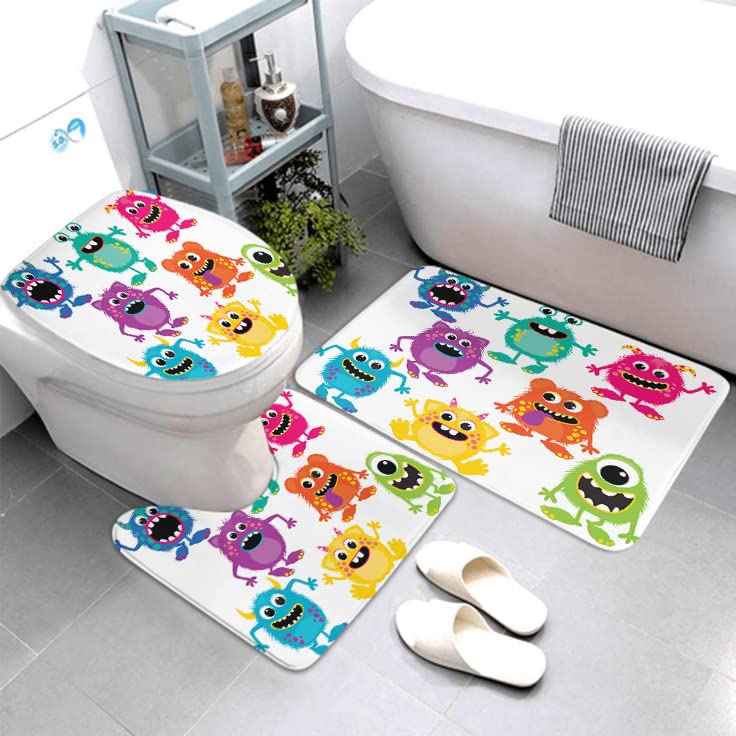 Lokmu 4 Pcs Shower Curtain Sets With Non-Slip Rugs, Toilet Lid Cover And Bath Mat,Cartoon Fluffy Monsters Cute Little Kid Waterp