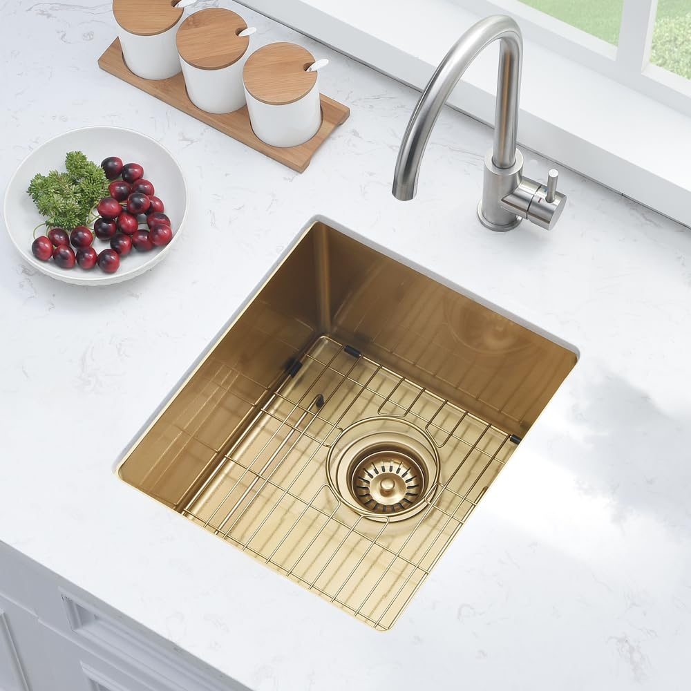 Boomhoze Gold Bar Sink Undermount, 13 X 15 Inch Kitchen Sink Gold Sink 16 Gauge Stainless Steel Undermount Bar Sink Single Bowl