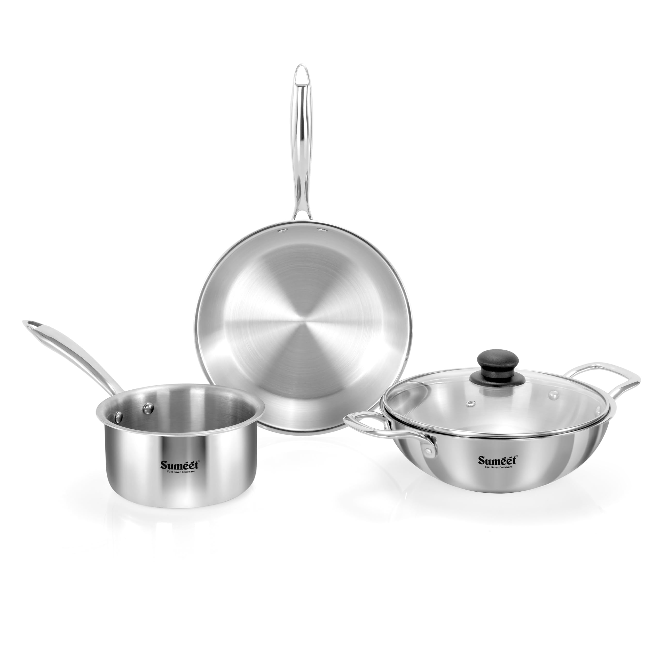 Sumeet Cook Smart Triply Stainless Steel 4Pc Induction Base Cookware Set Of Deep Kadai - 20Cm - 1.7L  Frypan - 20Cm - 1 Ltr  Saucepan - 14Cm - 1.150 Ltr & Glass Lid  Pack Of 4  Silver