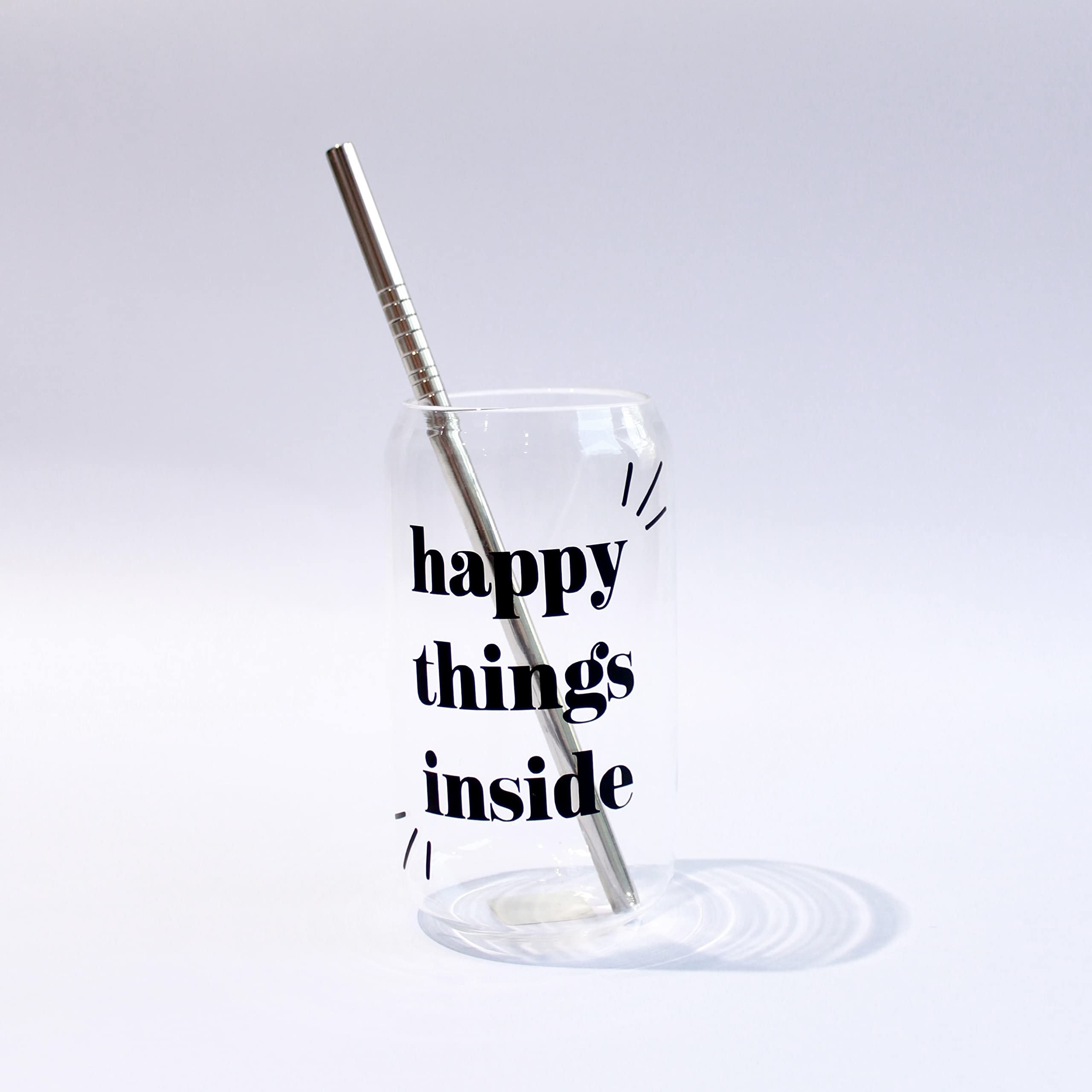 1219 AVENUE Borosilicate 500ml Can Shaped Glass Printed18oz Can Glass with lid and Straw (Happy Things Inside - Black)