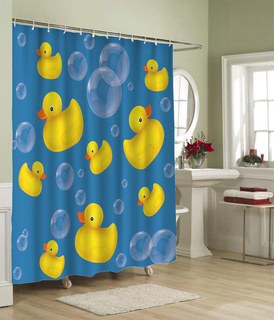 Hosnye Rubber Duck Shower Curtain 60X72 Inch Soap Bubble On Blue Polyester Stall Curtains With Hooks For Bathroom Showers