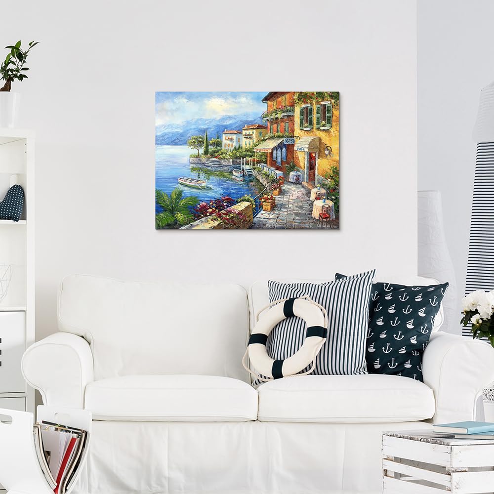Sd Soft Dance Mediterranean Town Painting Canvas Print - Coastal City Artwork Wall Art Reproduction For Living Room (18'' X 24''
