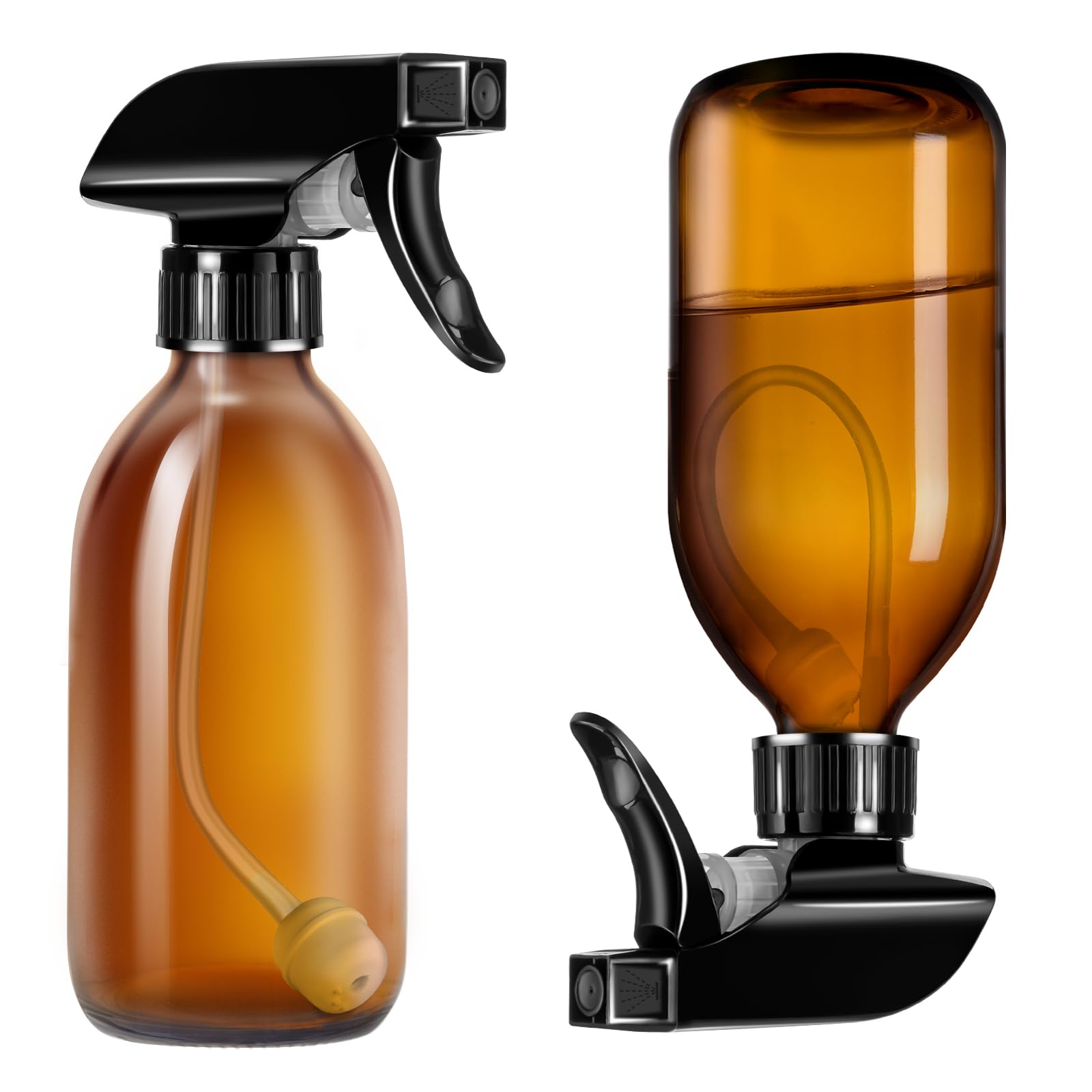Tecohouse Amber Glass Spray Bottles 8oz, 2 Pack 360 Water Spray Bottle for Cleaning Upside Down Spray Bottles Mister Squirt Bott
