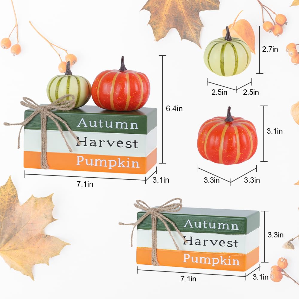 DECSPAS Fall Decorations for Home, Autumn Harvest Wooden Stacked Books Sign with Pumpkins & Bow for Fall Decor, Thanksgiving Tab