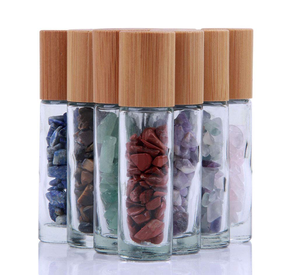 10Ml Roll On Bottle For Essential Oils,10 Pack Clear Glass Roller Bottles With Natural Crystal Gemstone Roller Balls Top,Bamboo