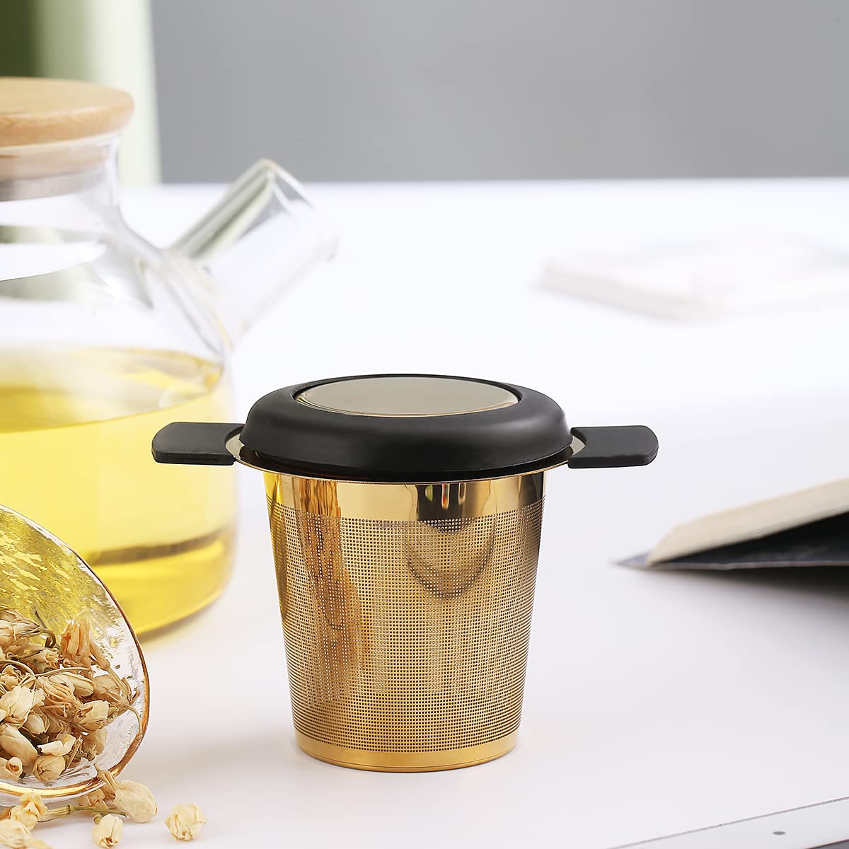 Kyraton Gold Tea Infuser For Loose Tea, Stainless Steel Titanium Golden Plating Loose Leaf Tea Steeper Strainer, Coffee Infuser