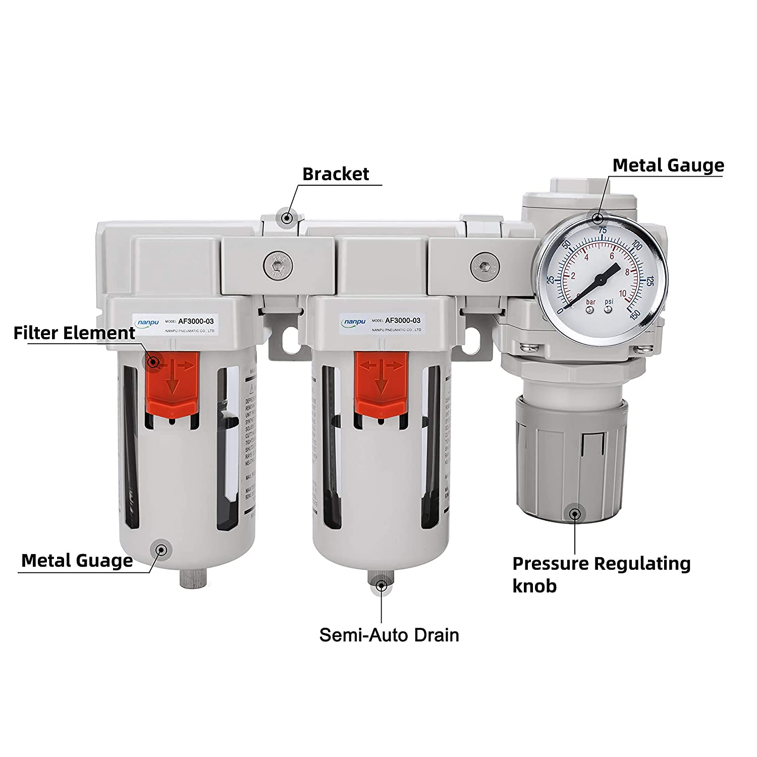 Nanpu Dfr-03 38 Npt Air Drying System - Double Air Filters, Air Pressure Regulator Combo - Semi-Auto Drain, Poly Bowl