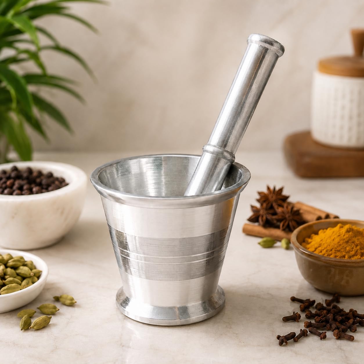 Aluminium Mortar and Pestle Set | 9 cm Khalbatta Okhli Musal | Hand Grinder for Spices, Elaichi, Garlic & Herbs