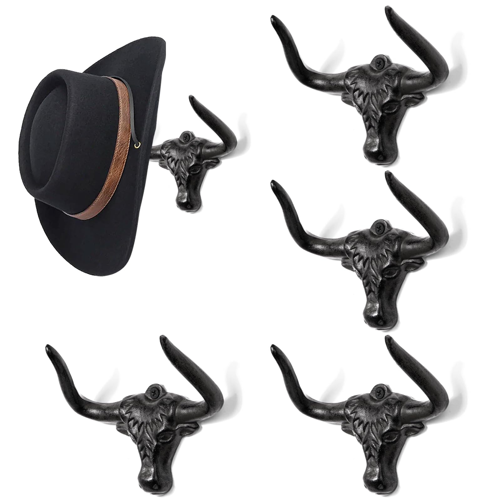 Filano Cowboy Hat Rack For Wall 4 Pack Western Longhorn Cowboy Hat Holder Cast Iron Vintage Rustic Cowboy Hat Hanger Hat Hooks F