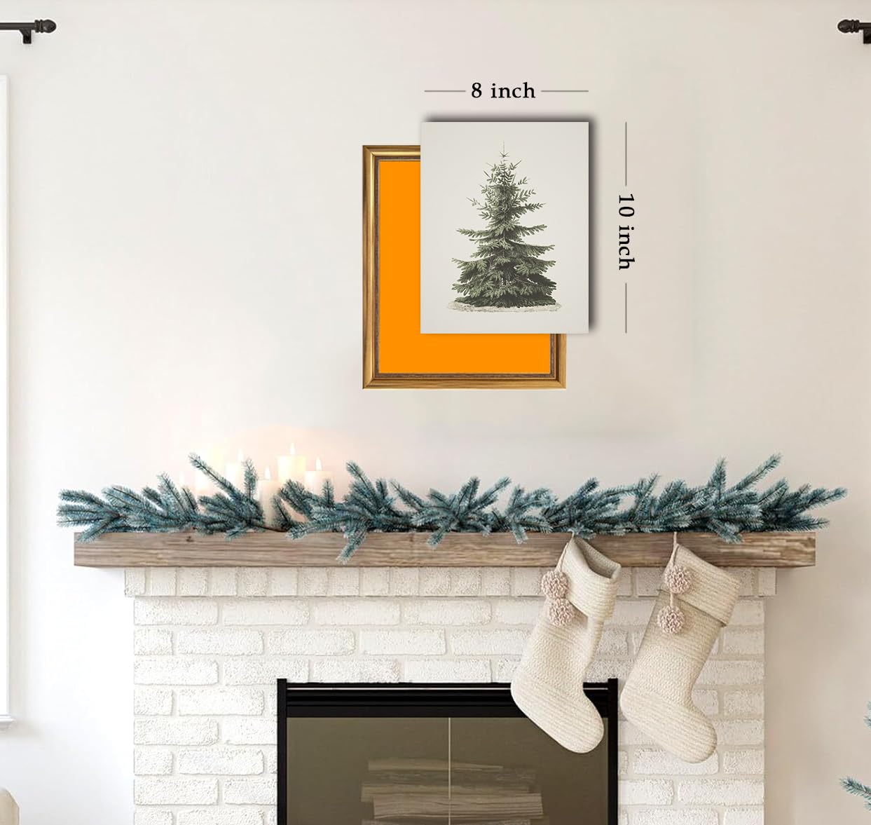 Kizbook Christmas Wall Art Print, Vintage Christmas Pine Tree Art Prints Painting, Rustic Fir Botanical Sketch Christmas Winter