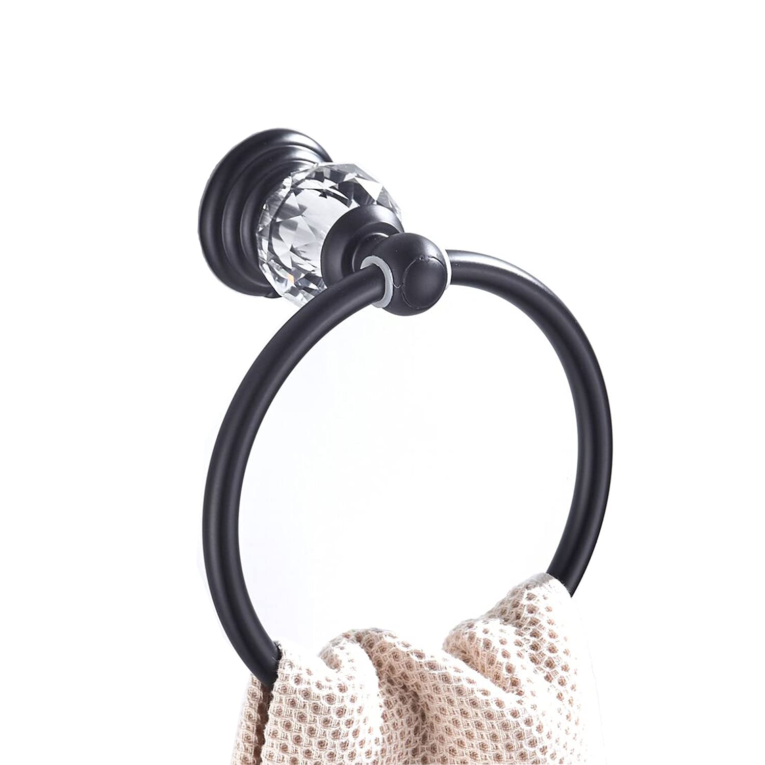 Wincase Crystal Towel Ring, Black Hand Towel Holder, Bathroom Round Towel Hanger Racks Wall Mount Matte Black