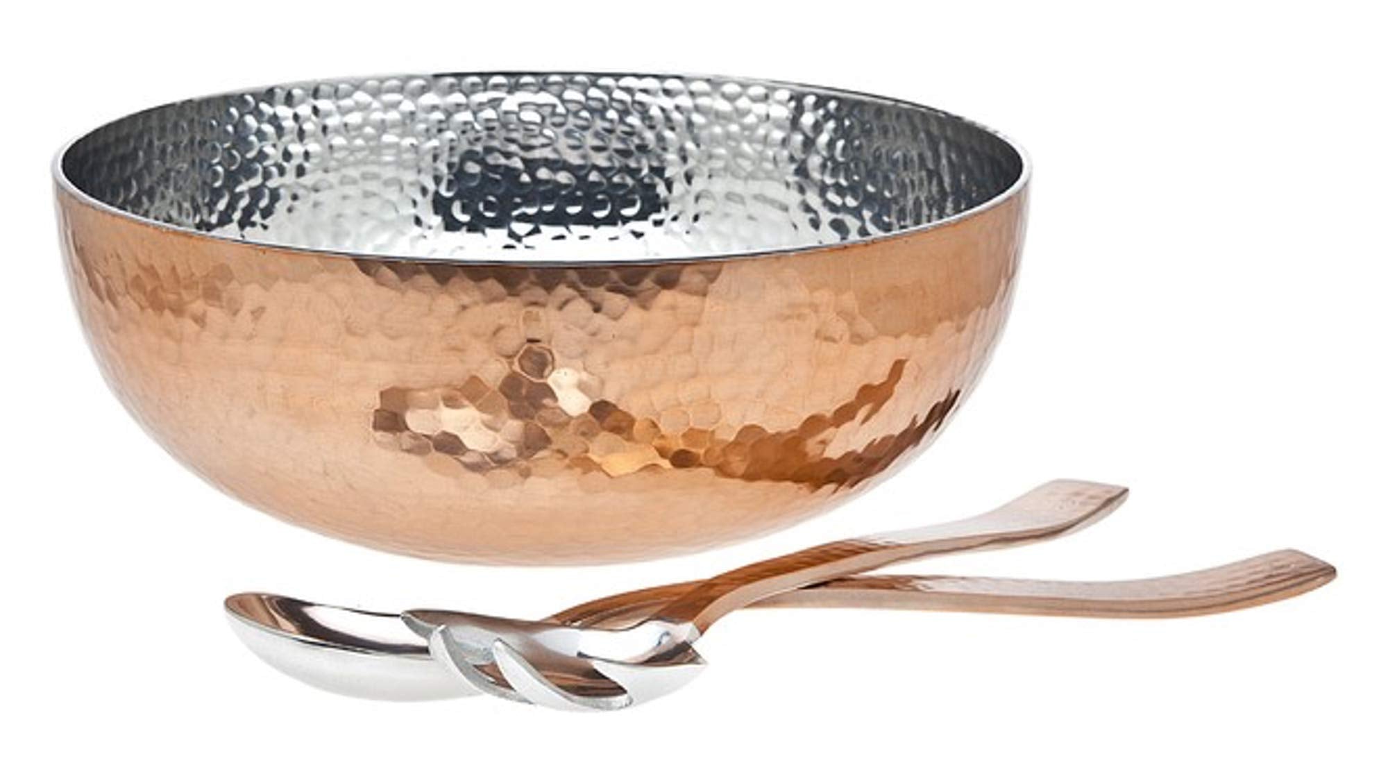 3Pc Copper Accented Hammered Salad Bowl With 2 Serving Utensils - Complete With Matching Oversized Spoon And Fork - Use As A Sal