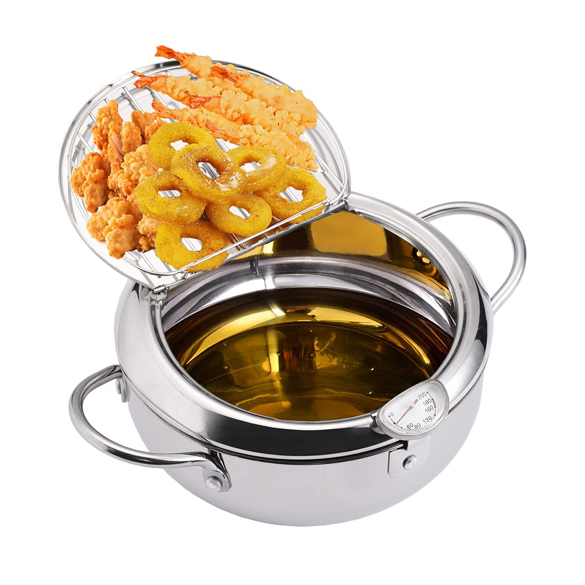 Eamate Tempura Fry Pot, Stainless Steel Tempura Deep Fryer With Thermometer, 8 Inches, Mini Size Perfect For 2-3 People