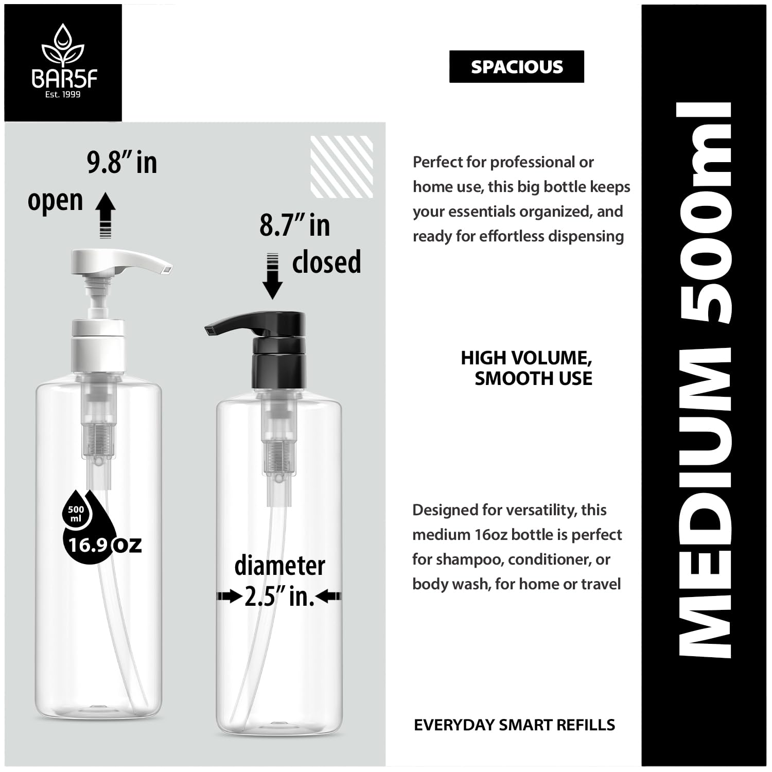 Bar5F Plastic Lotion Bottles with Black & White Pumps  16 oz  Leak Proof  Empty Clear Cylinder  Refillable  BPA Free for Shampoo  Moisturizer  Face Cream  Liquid Hand Soap  Pack of 2