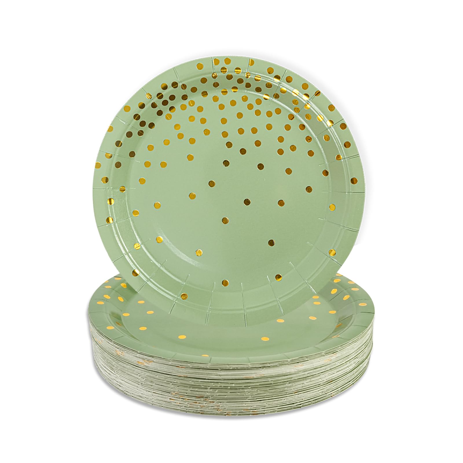 EVYIENEN 50 Pack Sage Green and Gold Paper Plates, 7 inch Metallic Foil Polka Dots Disposable Dessert Party Supplies for Graduat
