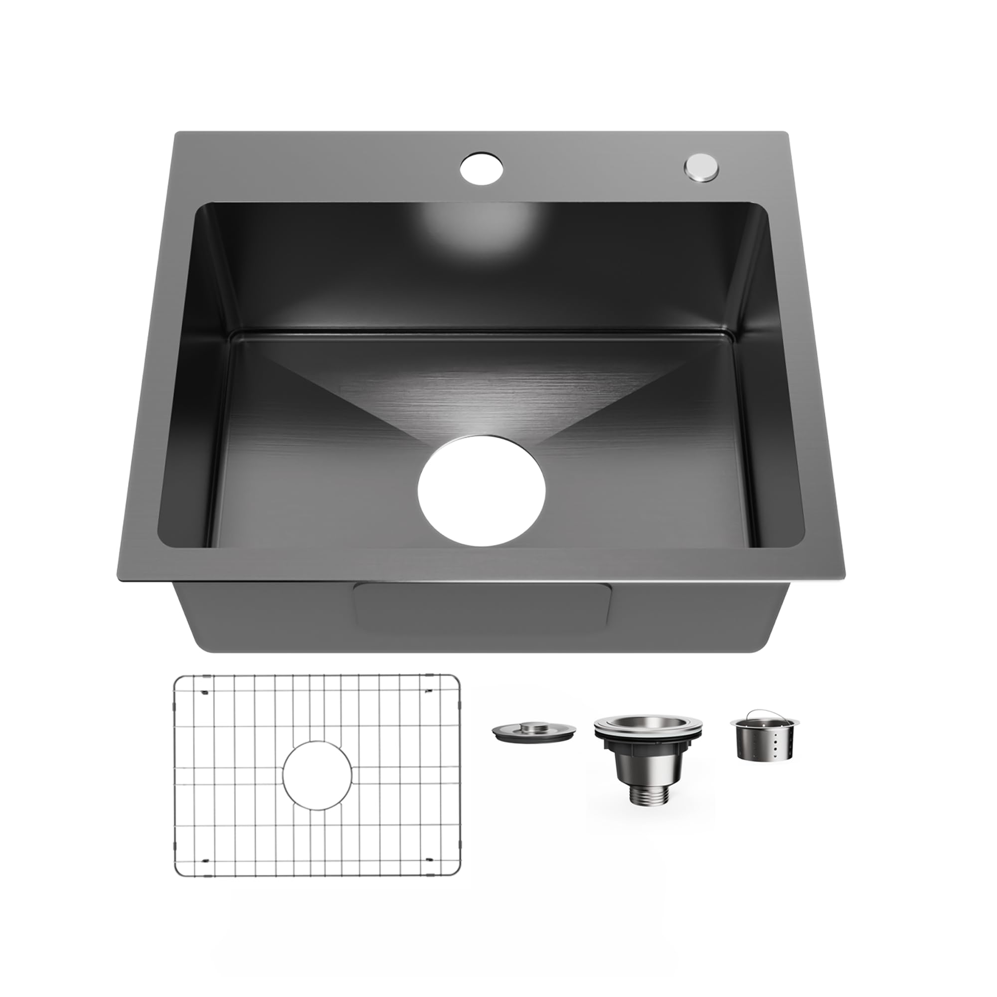 Bathenum 20'' X 16'' Drop In Kitchen Sink 304 Stainless Steel Single Bowl Topmount Bar Sink With Drain Kit And Bottom Grid, Blac