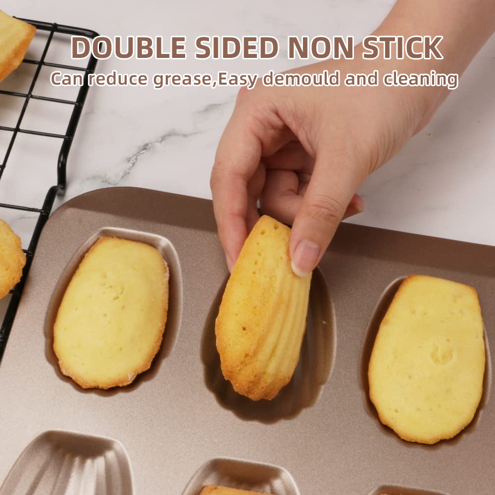 2 Pack Madeleine Pans For Baking, 12 Cavity Heavy Duty Shell Shape Baking Mold Nonstick Cookie Cake Pan For Oven(Gold)