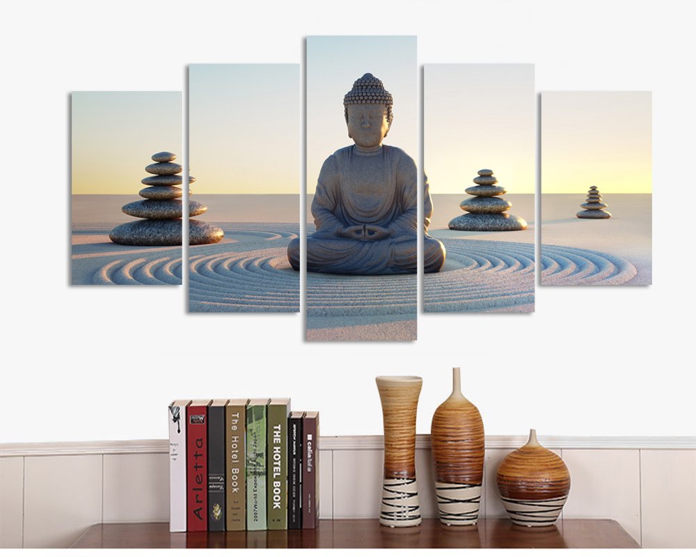 Vvovv Wall Decor - Buddha Canvas Wall Art Poster Paintings Giclee Prints White Sand Zen Stone Pictures Home Decor Modern Zen Pic