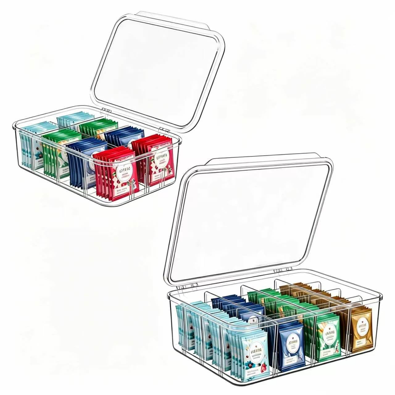 Aserelix Tea Bag Organizer, 2 Pcs Clear Tea Organizers, Acrylic Storage Box with Lids, Stackable Partition Holder for Drawers, C