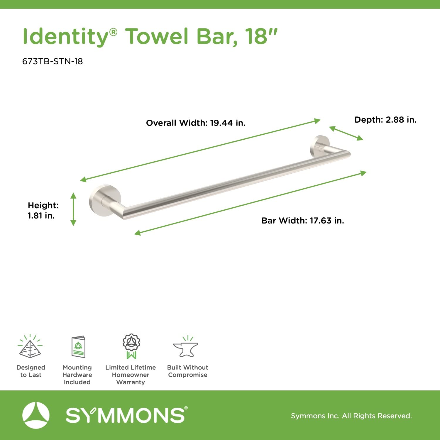Symmons 673Tb-Stn-18 Identity 18 In. Wall-Mounted Towel Bar In Satin Nickel