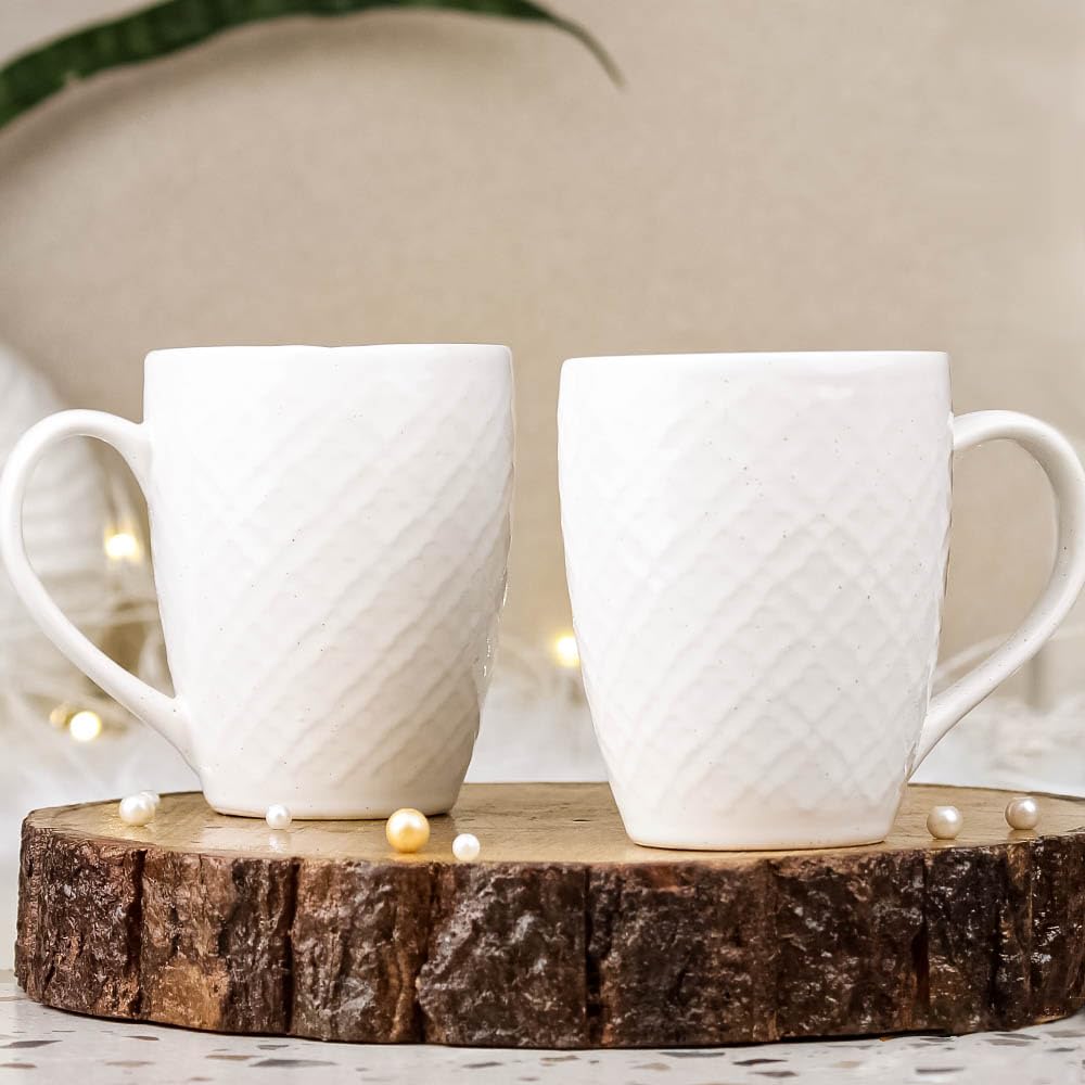 The Earth Store White Check Coffee Mugs Set Of 2 Ceramic Mugs To Gift To Best Friend, Tea Mugs, Microwave Safe Coffee Mugs, Cera