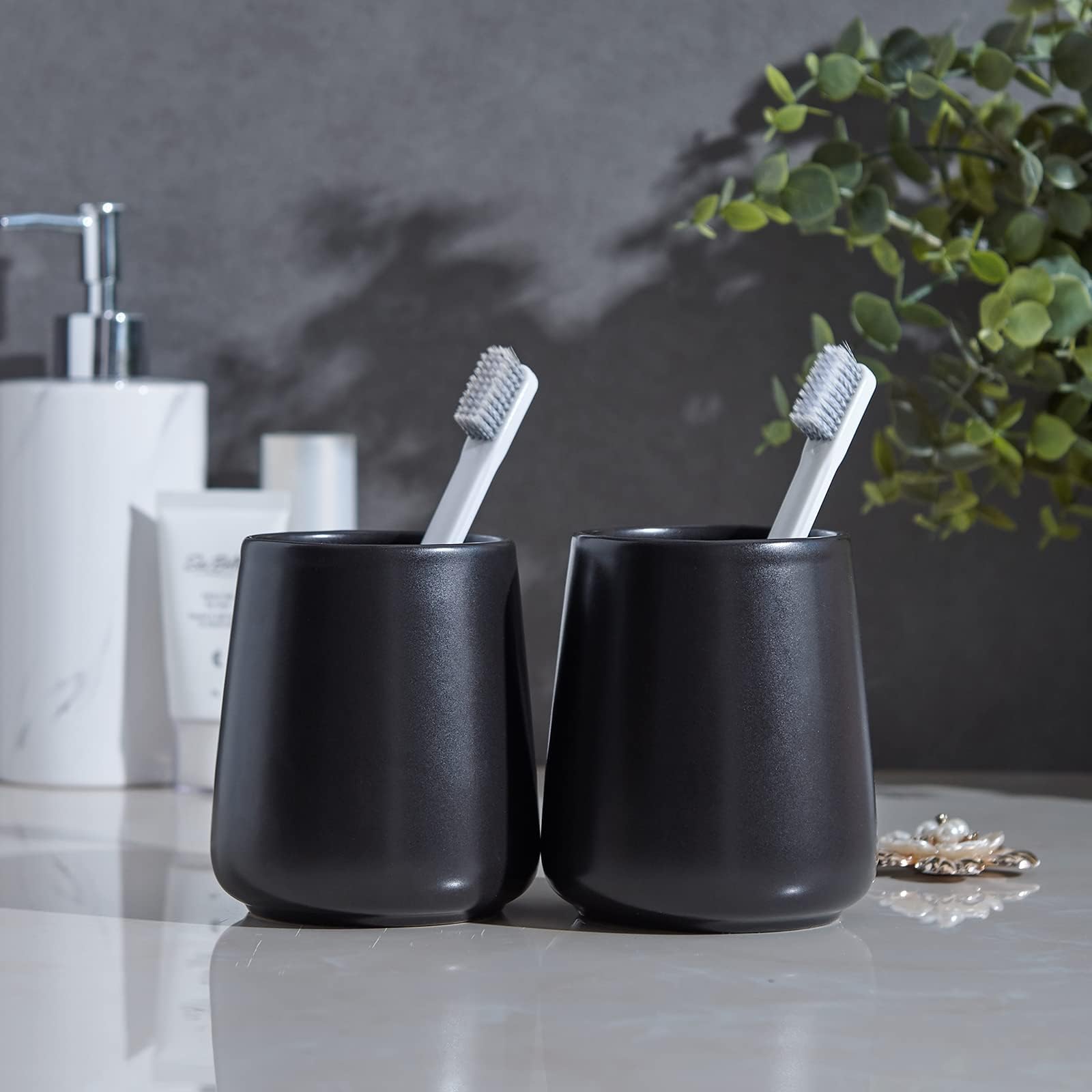 Matte Black Ceramic Toothbrush Holder - Tooth Brushing Holders, Toothbrush And Toothpaste Holder Organizer For Bathroom Countert