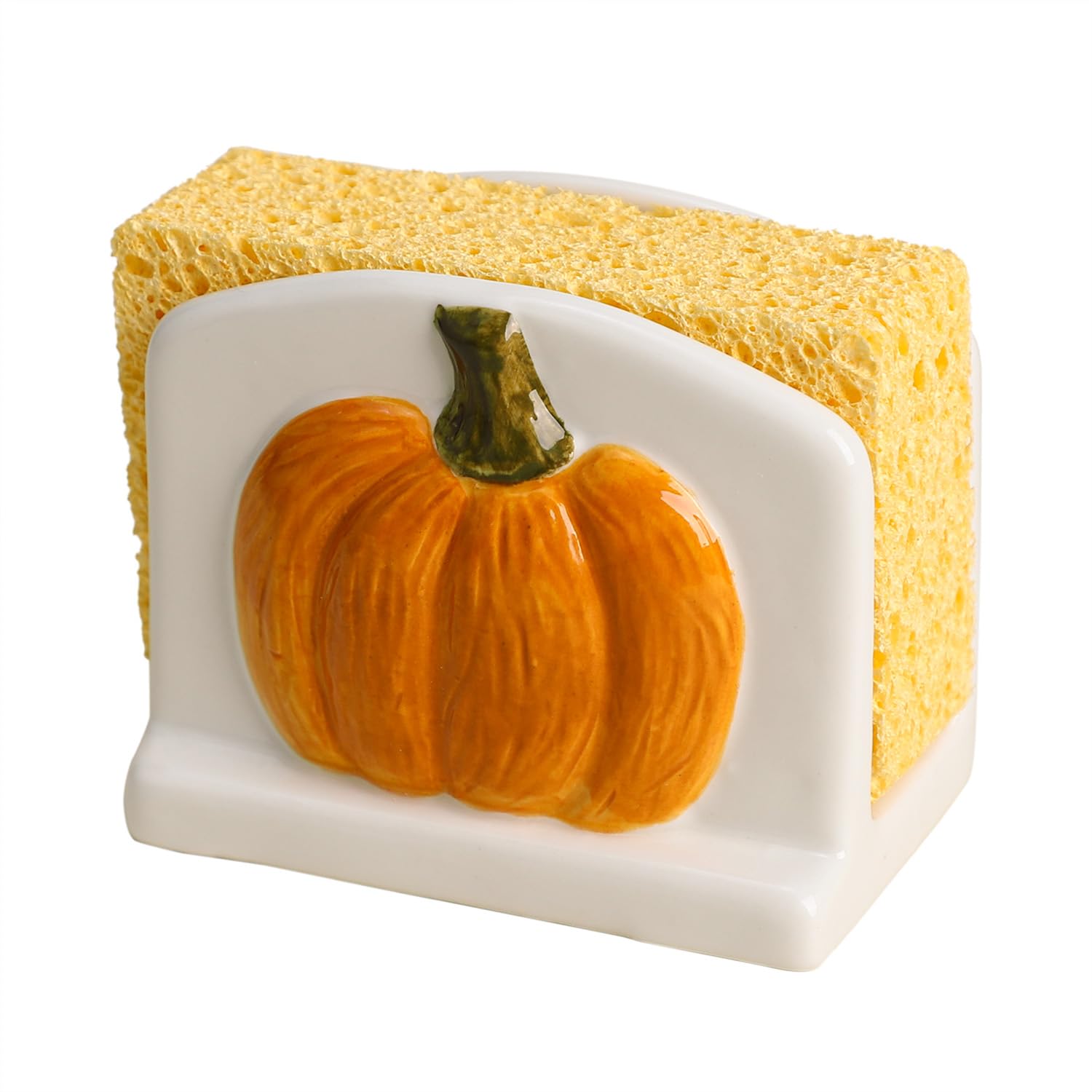 WAIT FLY Ceramic Pumpkin Sponge Holder for Kitchen Sink Counter, Sponge Dish Rack, Sink Caddy Organizer