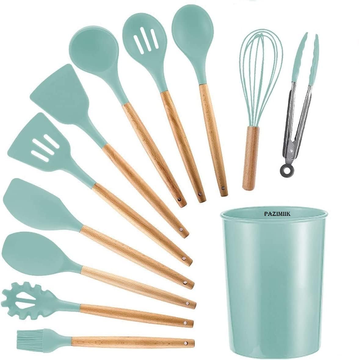 11 Pieces Of Silicone Cooking Kitchen Utensils Set, With Stand, Wooden Handle Cooking Tools, Bpa Free, NonToxic Turner Pliers S
