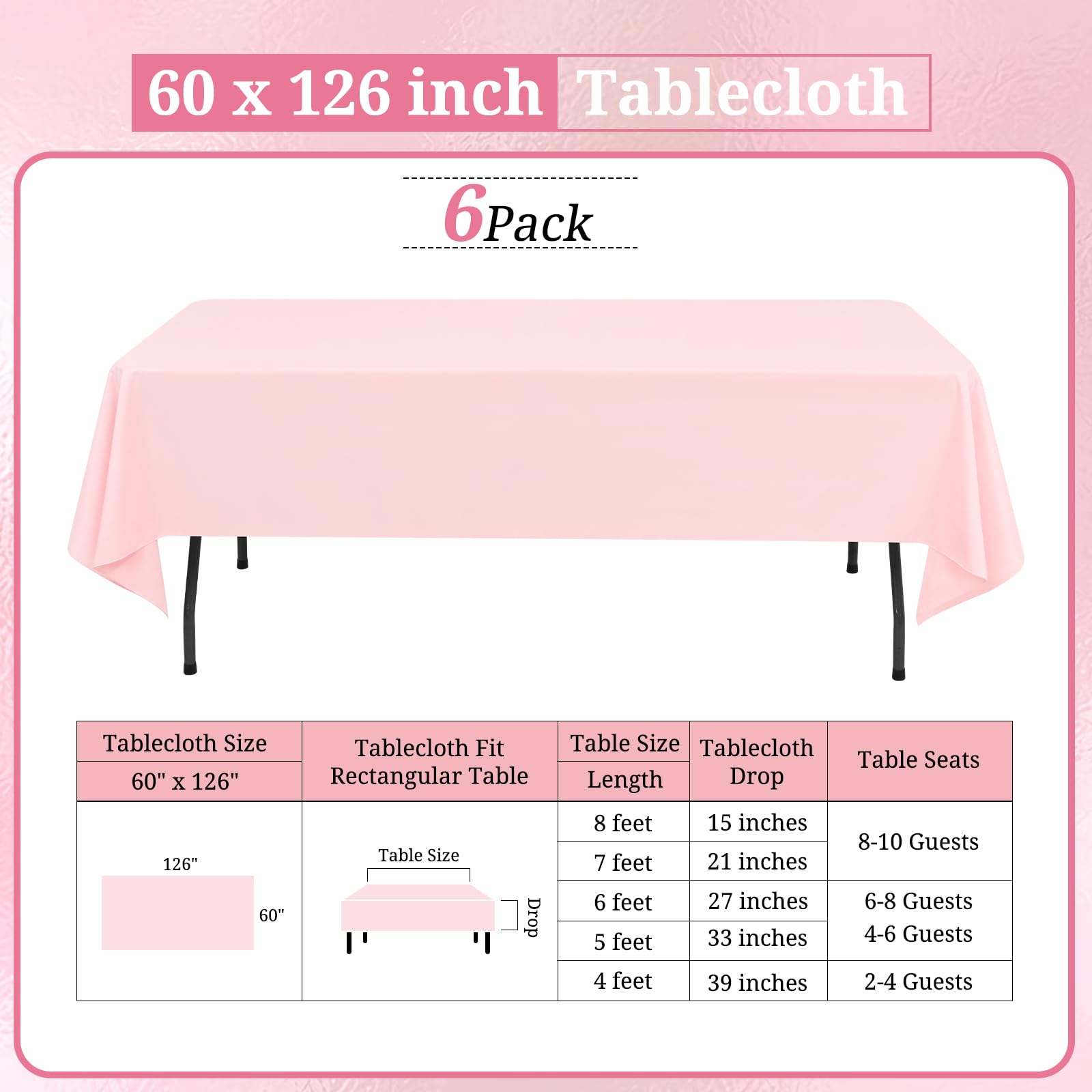 Rewomc 6 Pack Pink Tablecloths For 8Ft Rectangle Tables 60 X 126 Inch - Polyester Table Cover Stain And Wrinkle Resistant Washab