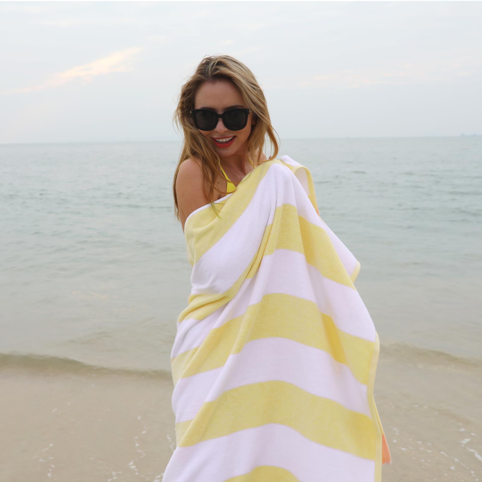Clowood Plush Oversized Beach Towel - Cotton 40 X 72 Inch Large Thick Yellow Striped Cabana Pool Swimming Towel