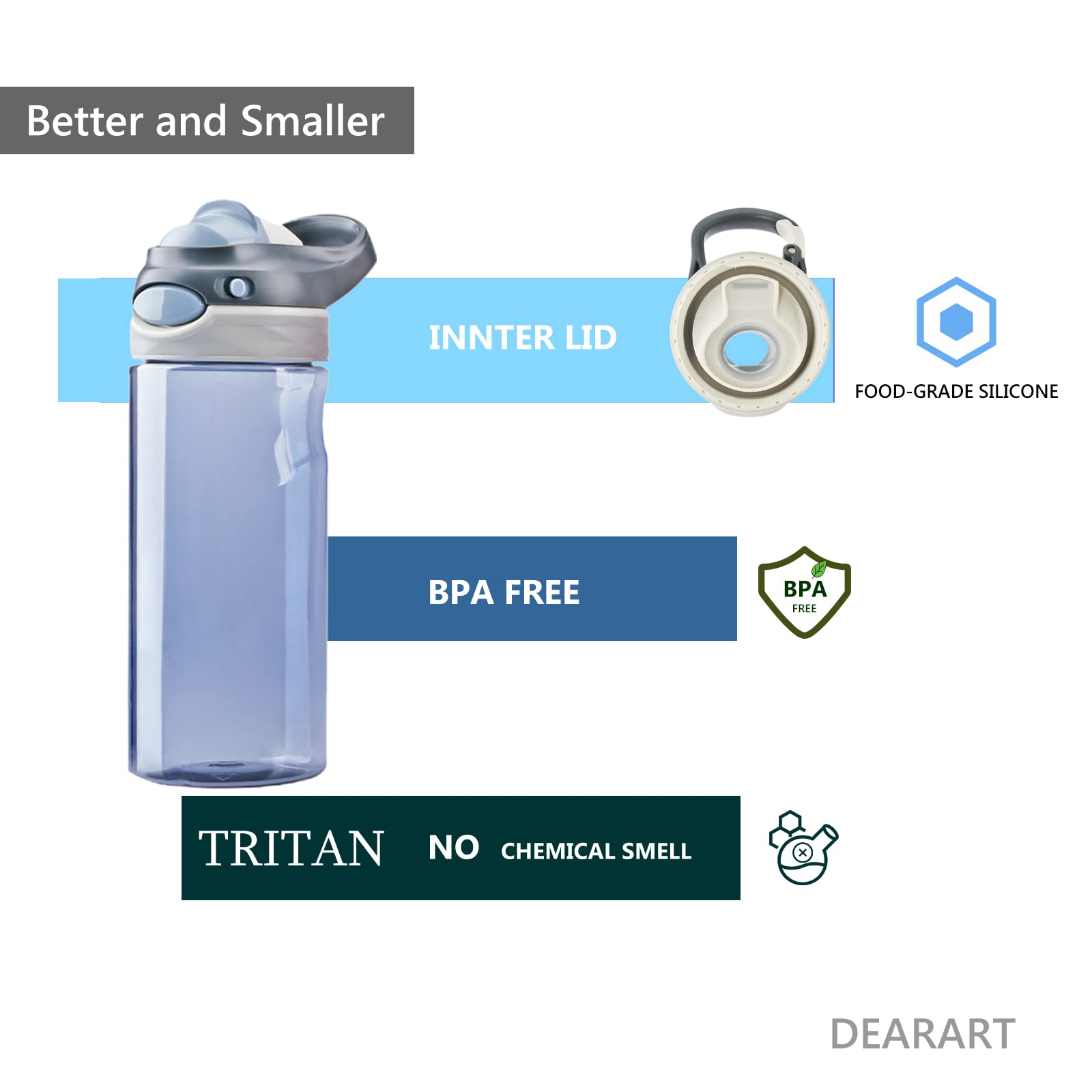 DEARART 16oz Grey Water Bottle Without Straw  Small Water Bottles BPA FREE Leakproof  Wide Mouth Bottle Has Handle Easy Carried  Suit School  Sports  Office  Travel etc.