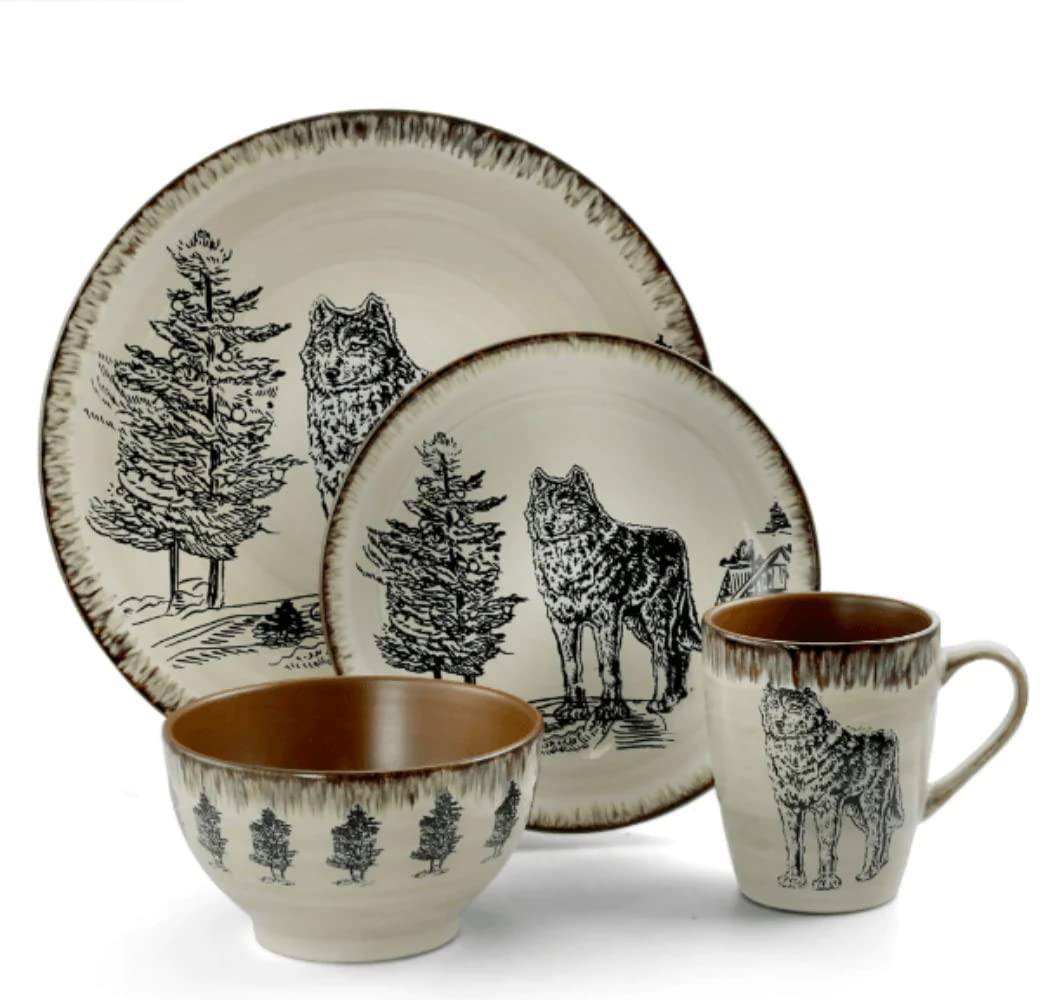 Elama Round Stoneware Cabin Dinnerware Dish Set, 16 Piece, Elk Design with Warm Taupe and Brown Accents