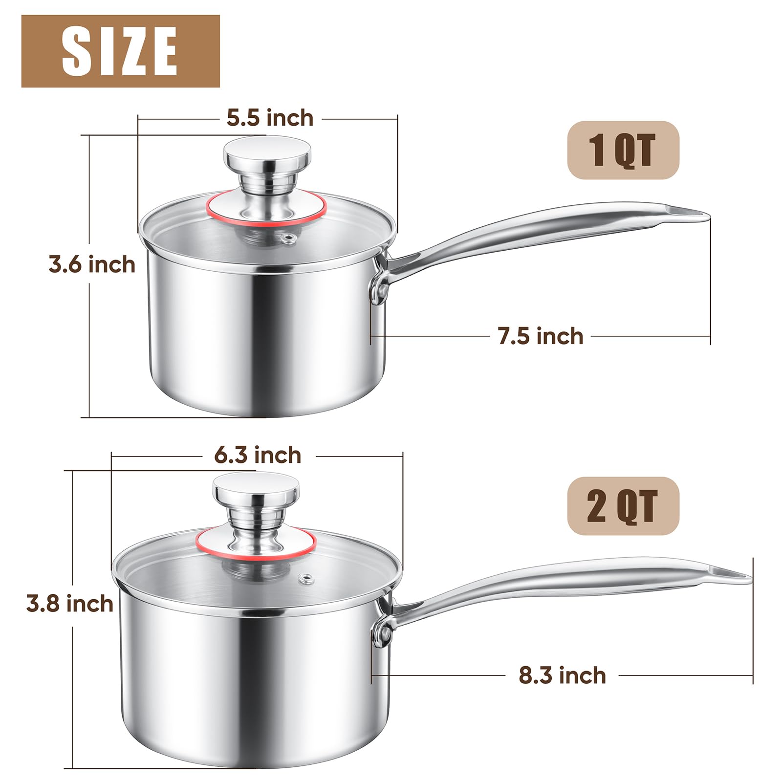 E-Far Stainless Steel Saucepan Set - 1Qt & 2 Qt, Triply Sauce Pan Pot With Lid For Cooking Pasta Warming Milk Boiling Water, Sma