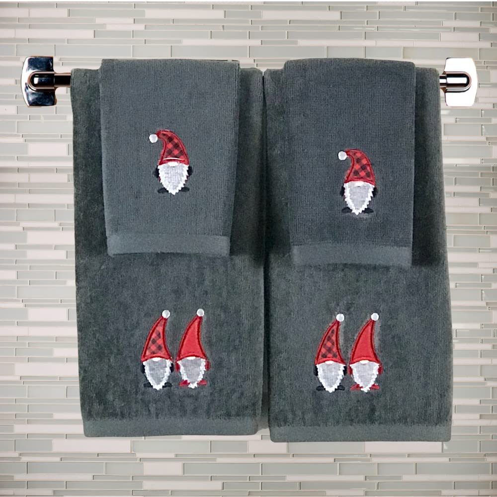 Christmas Gnomes Towel Set: Dark Grey Hand Towels With Red White Embroidery Jolly Nordic Gnome, Set Of 2